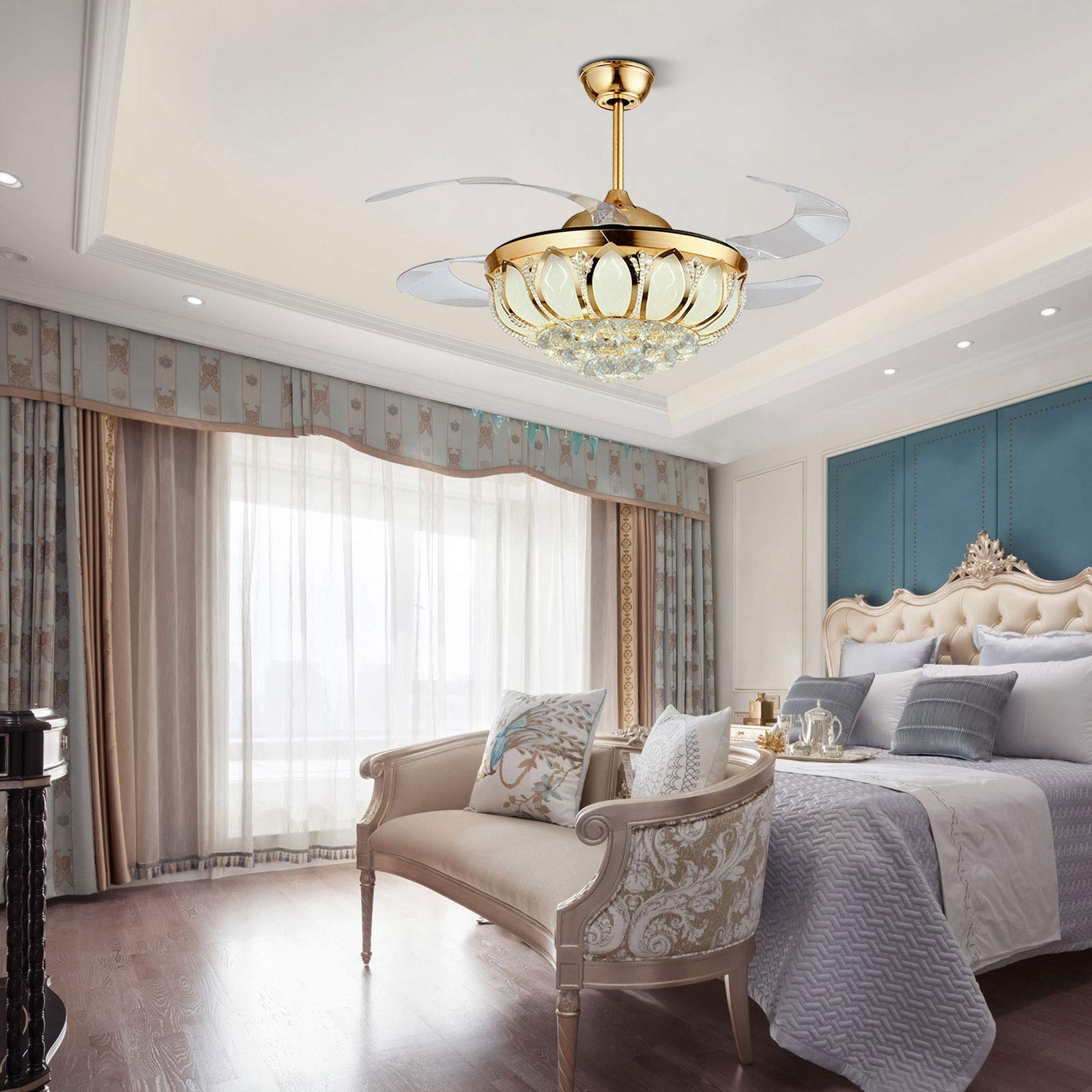 42 Inch Modern Gold Crystal Chandelier Ceiling Fan with LED Light & Remote Control - Retractable Blades, Quiet DC Motor - Perfect for Dining Room, Bedroom, Living Room & Home Decor