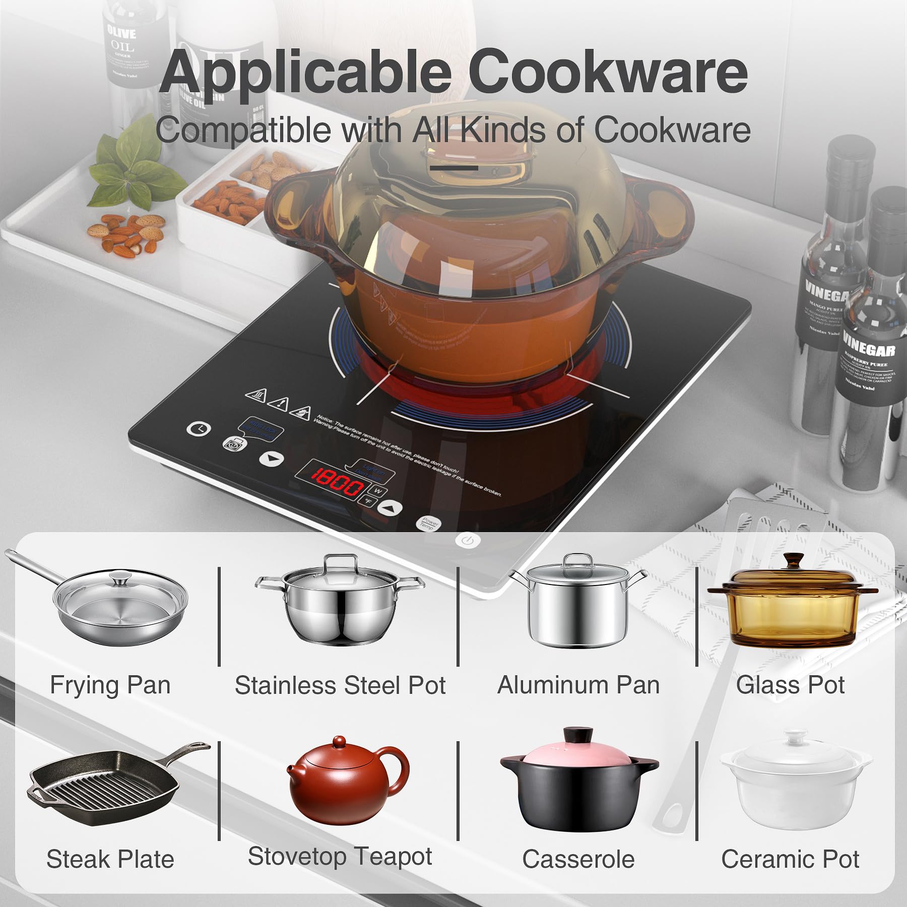 VBGK 1800W Portable Induction Cooktop - 110V Electric Stove Top with LED Touch Control, 9 Power Levels, Child Lock & Timer, Overheat Protection - Perfect for Dorms, Apartments, RVs & Small Kitchen Cooking