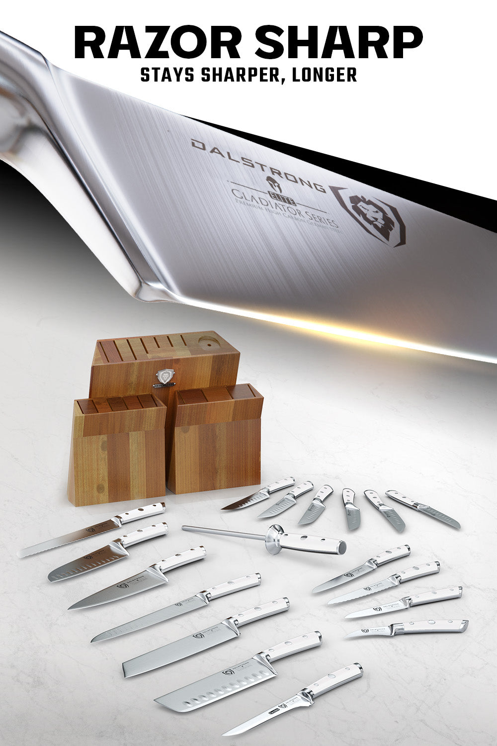 18-Piece Colossal Knife Set with Wooden Block - Gladiator Series with White Handles - NSF Certified Professional Kitchen Knives by Dalstrong - Perfect for Home Chefs & Culinary Enthusiasts