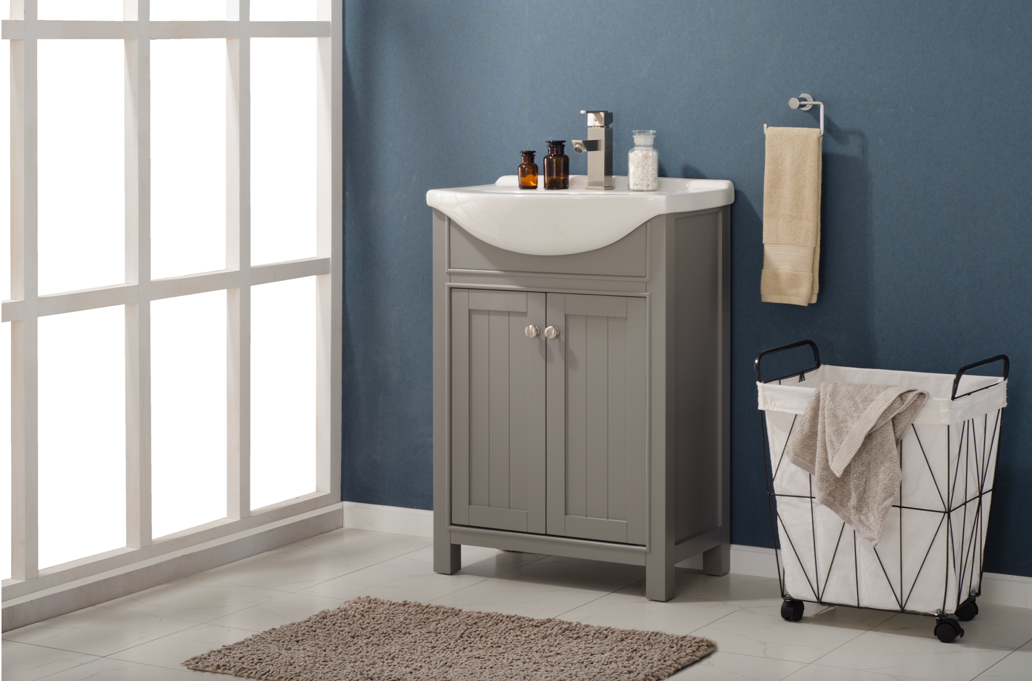 Design Element Marian 24-Inch Single Sink Bathroom Vanity in Gray - Modern Space-Saving Storage Solution for Small Bathrooms & Powder Rooms