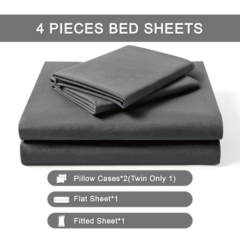 FreshCulture Queen Sheet Set - Ultra Soft Brushed Microfiber Bed Sheets for Queen Size Bed with Deep Pockets | Cooling, Breathable & Easy Care | 4-Piece Luxury Hotel Quality Bedding (Dark Grey) - Perfect for Home, Dorm, Guest Room & Airbnb