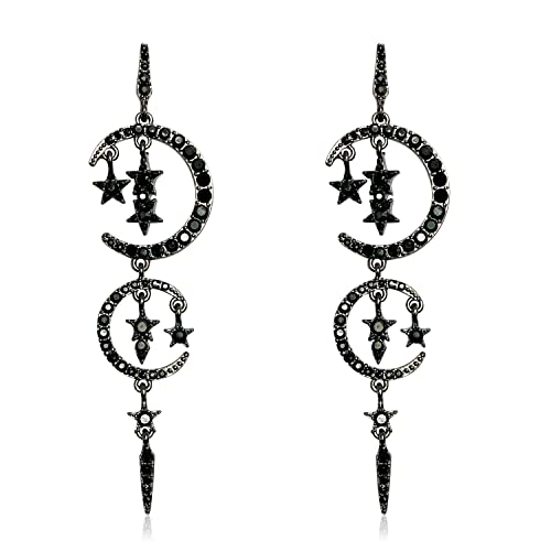Luxury Silver Sparkly Crystal Long Sun Moon Stars Dangle Drop Earrings for Women - Punk Boho Vintage Rhinestone Jewelry - Perfect for Parties, Weddings & Evening Events