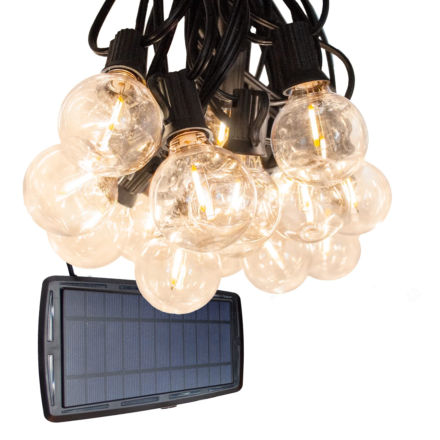 Solar Powered LED Lights - 20 LED G40 Clear Bulbs, 25 Foot String Lights with Solar Panel | Outdoor Garden, Patio, Pathway & Holiday Decoration Lighting