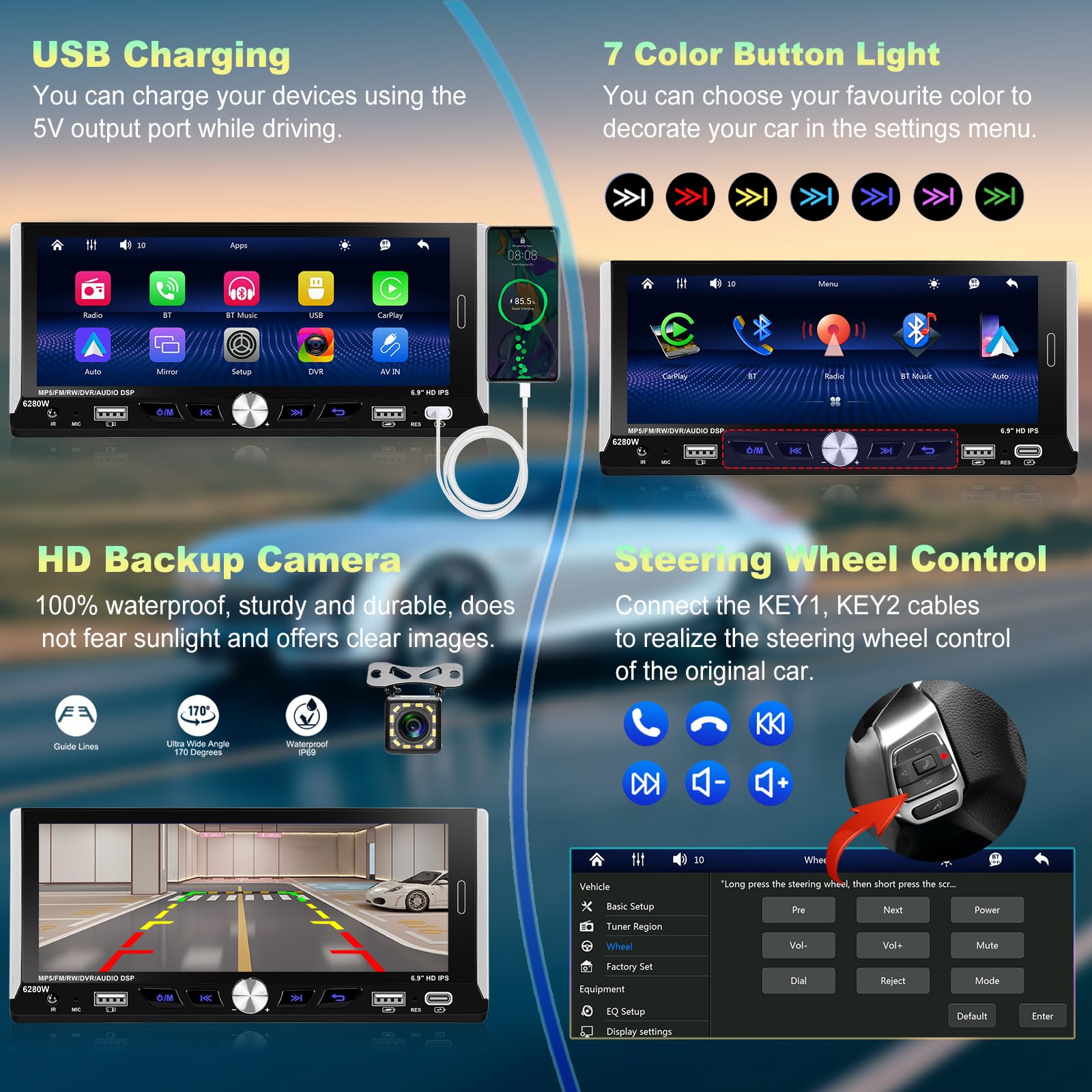 Podofo 6.9 Inch 1 Din Car Stereo with Wireless Apple CarPlay & Android Auto, Bluetooth Receiver, Rearview Camera, Built-in Mic | In-Dash Multimedia Player for Seamless Music Streaming & Hands-Free Calling While Driving