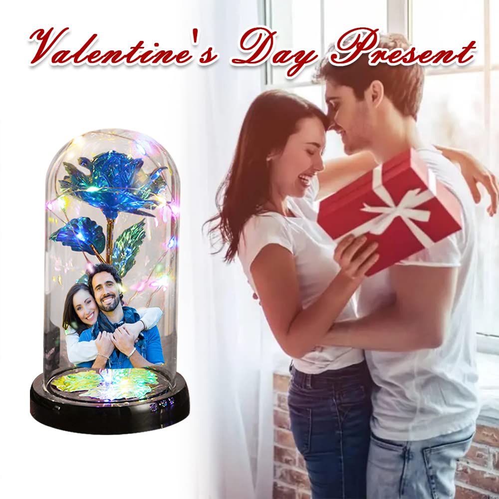 Custom Photo LED Rose in Glass Dome - Personalized Artificial Flower Gift for Women, Valentine's Day, Mother's Day, Birthday & Anniversary - Romantic Home Decor & Special Occasion Present