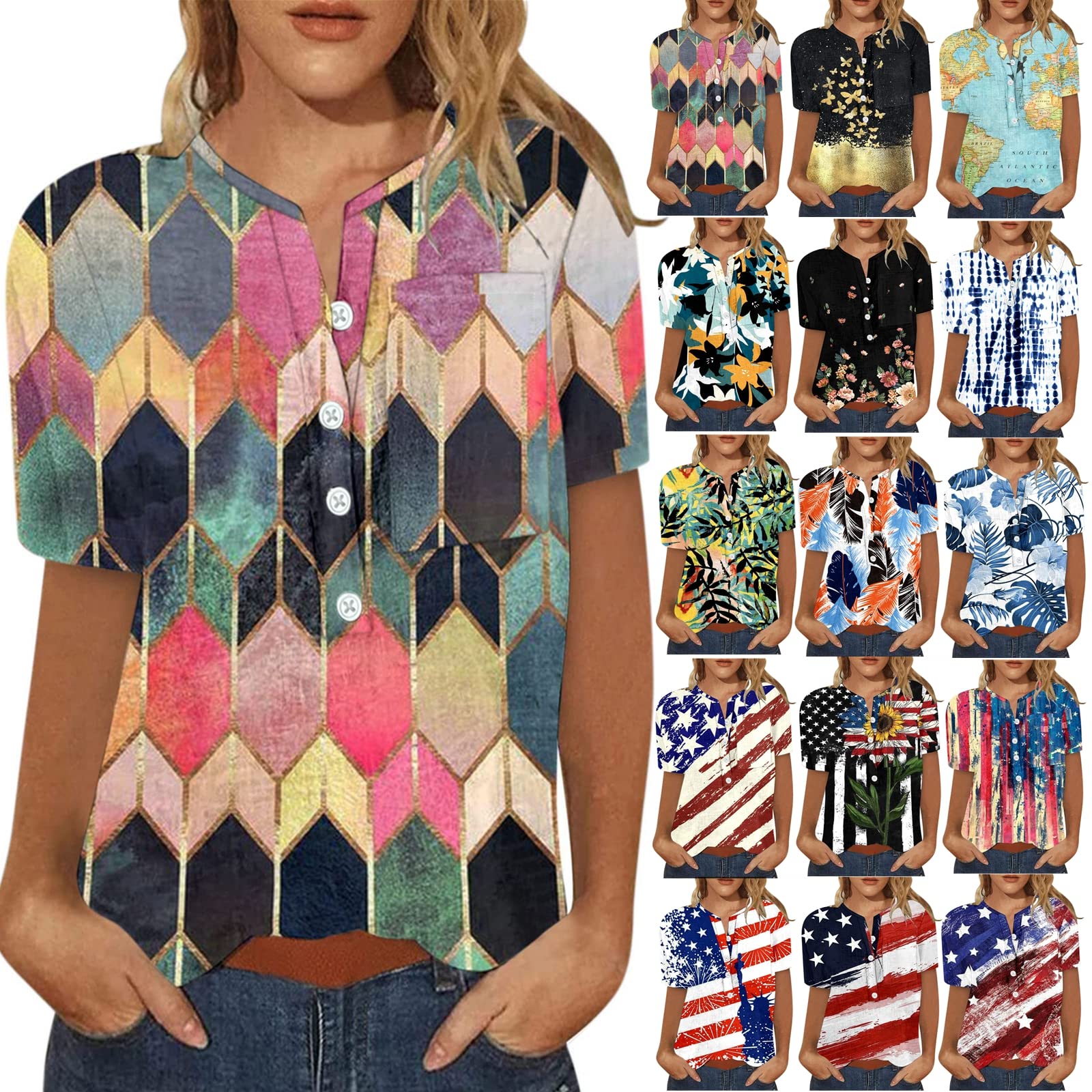 Women's Printed V-Neck Short Sleeve Tunic Tops - Casual Summer Button Down Blouses & Trendy T-Shirts for Work, Travel and Everyday Wear