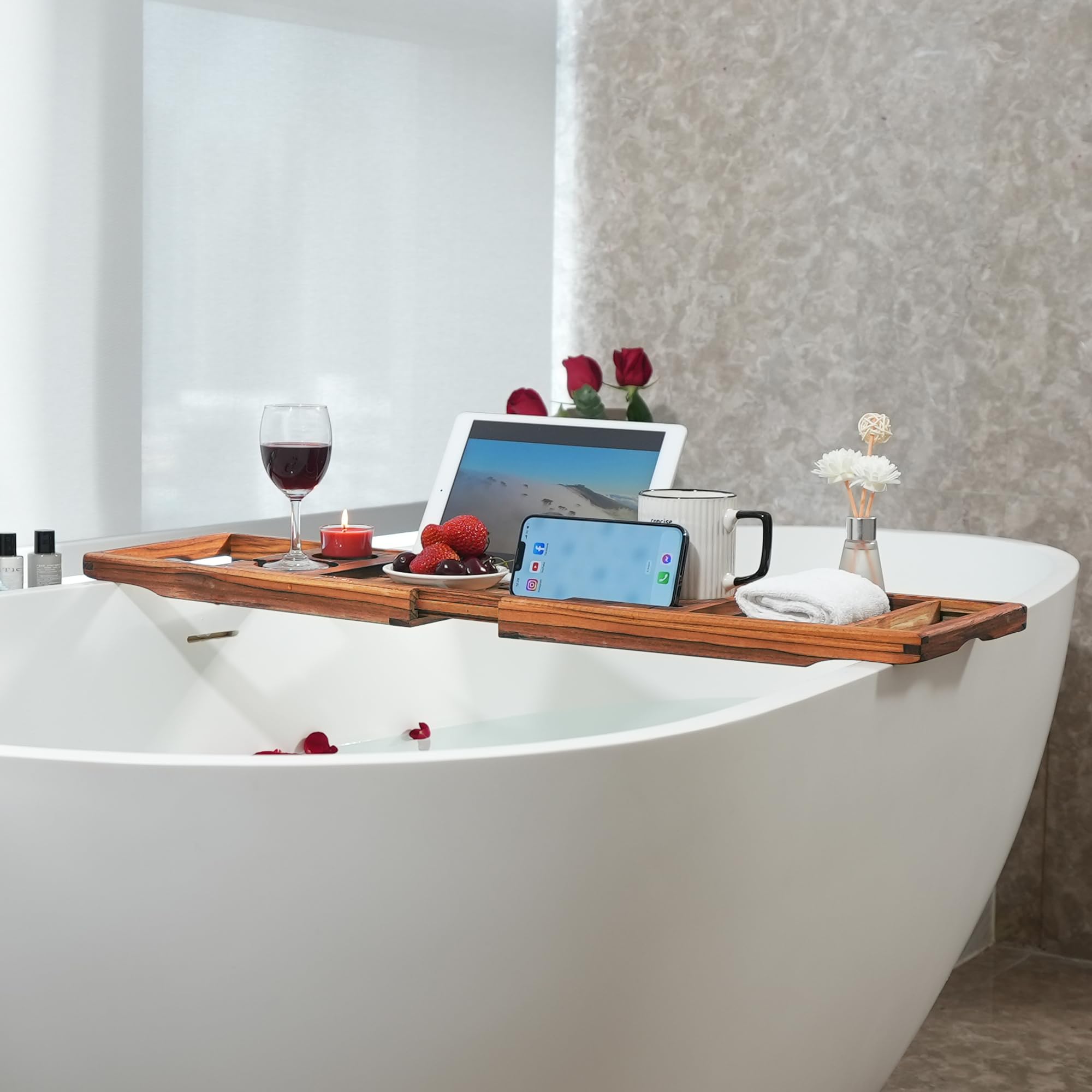 Premium Expandable Teak Bathtub Tray - Luxury Wooden Bath Caddy for Spa Relaxation | Perfect Housewarming, Anniversary & Wedding Gift with Free Teak Body Brush | Bathroom Accessories for Bubble Baths & Wine Nights