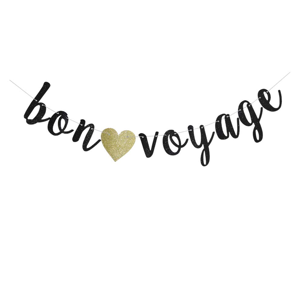 Bon Voyage Banner - Black Glitter Travel Party Sign & Garland Decorations for Moving, Graduation, Retirement Celebrations | Perfect for Travel-Themed Parties, Farewell Events & Milestone Celebrations