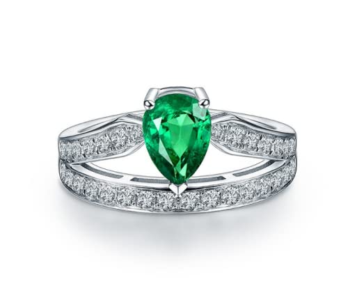 14K White Gold Pear Cut Green Emerald Diamond Engagement Ring with White Accent Diamonds - Perfect for Proposals, Anniversaries & Special Occasions