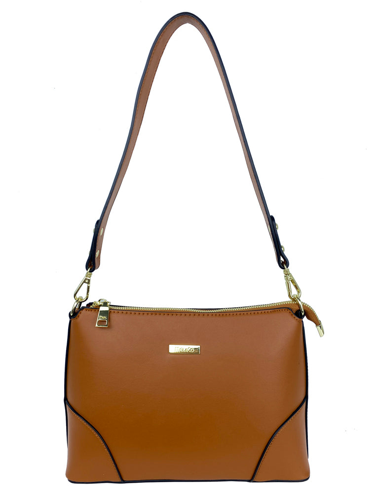 Mel&Co Basic Faux Leather Shoulder Sling Bag for Women - Tan Crossbody Purse | Perfect for Work, Travel & Everyday Use