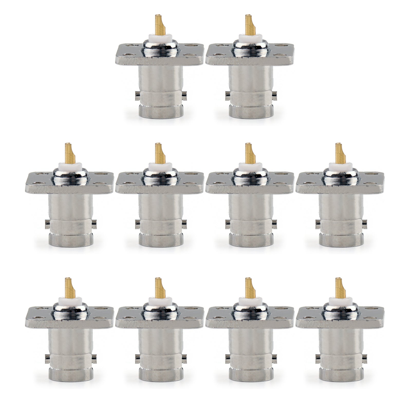 10X BNC Female Connector Jack - 4 Hole 18.5mm Flange Panel Mount Solder Straight - for CCTV Security Cameras, Video Surveillance Systems & RF Applications