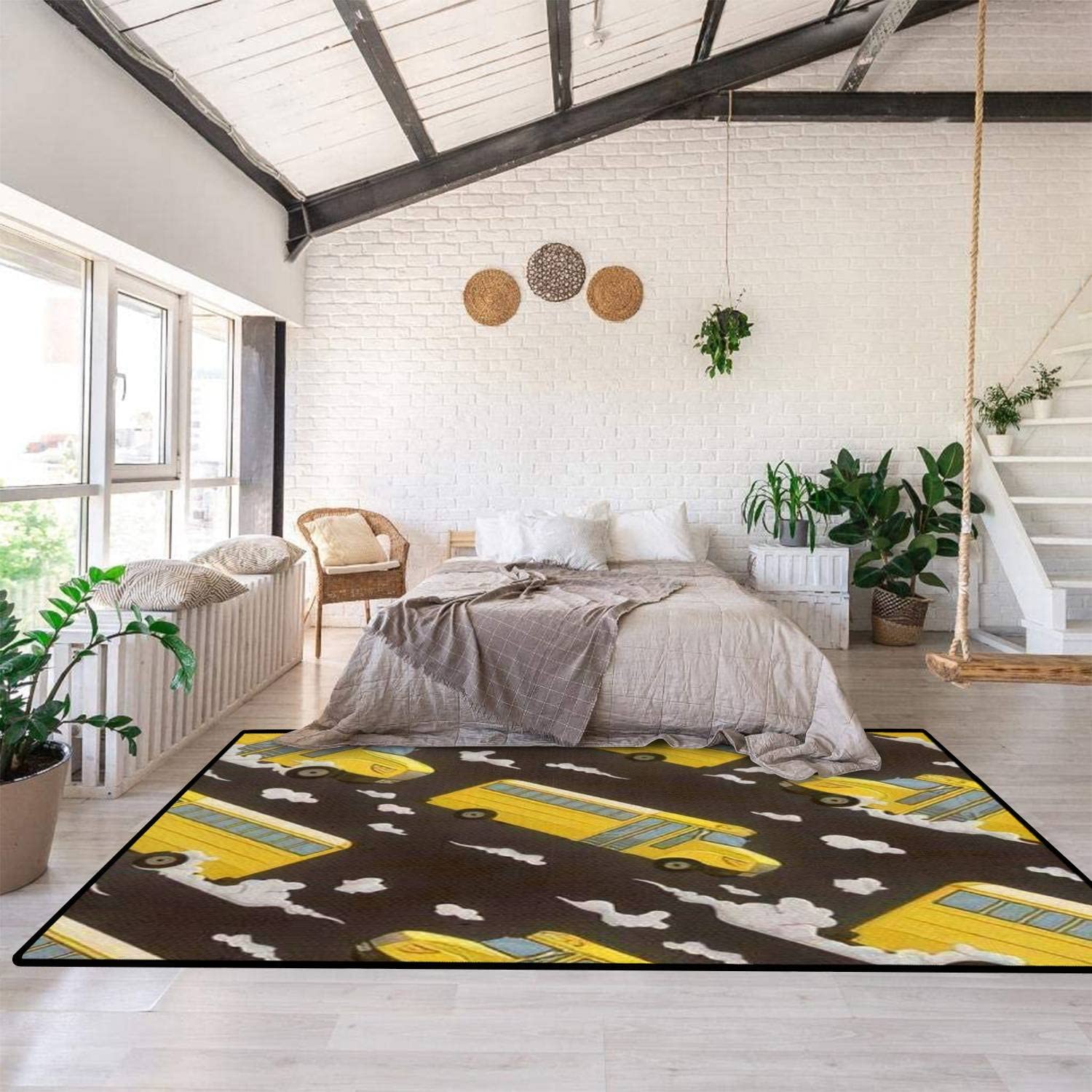 5'×8' Non-Slip School Bus Pattern Area Rug - Soft Seamless Indoor/Outdoor Carpet for Living Room, Bedroom, Dorm Decor | Perfect for Kids' Rooms, Play Areas & Themed Spaces