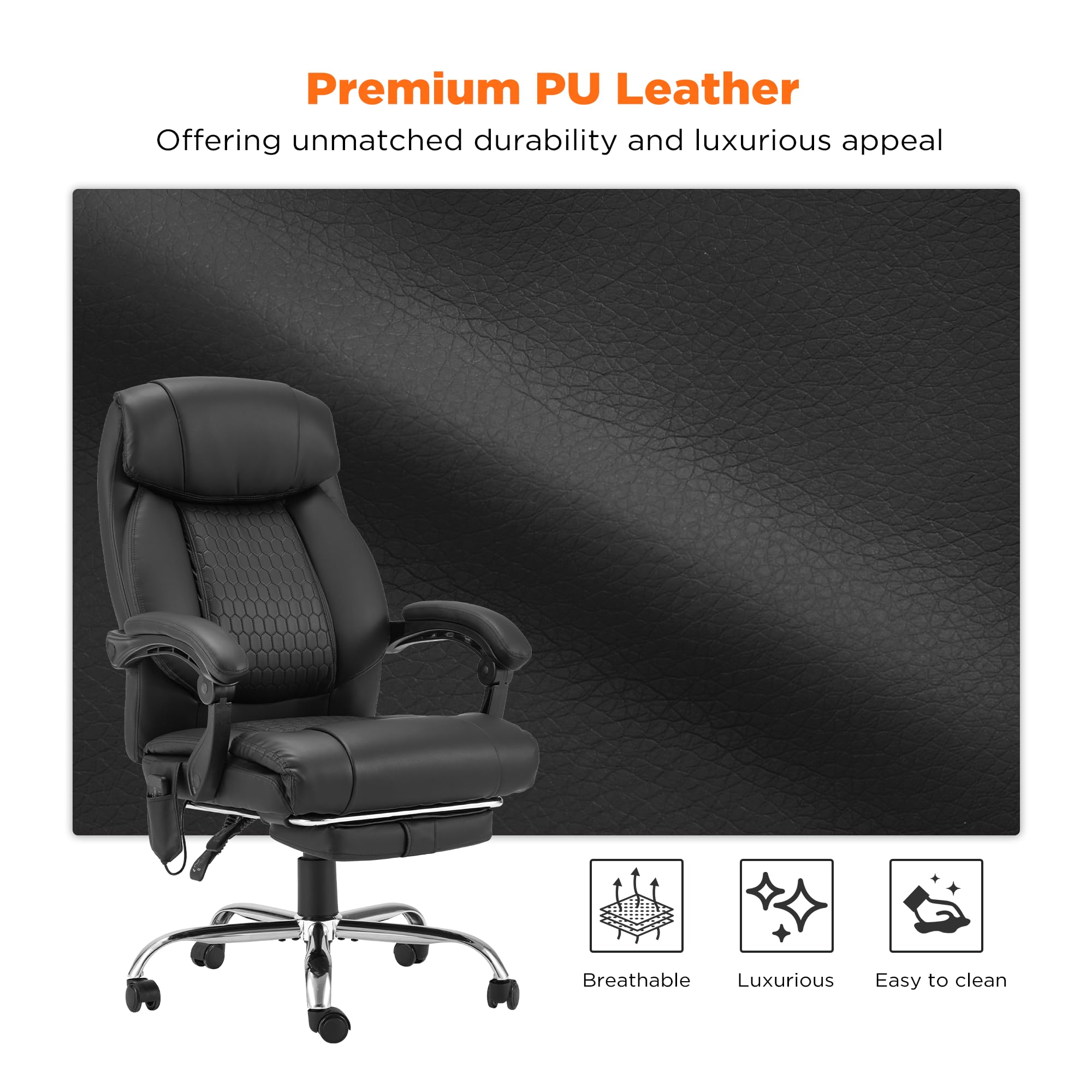 HOMREST Ergonomic Reclining Office Chair with 4-Point Massage & Heat - Adjustable Executive Chair with Retractable Footrest - Comfortable Home Computer Desk Chair for Working, Gaming & Relaxing - Black