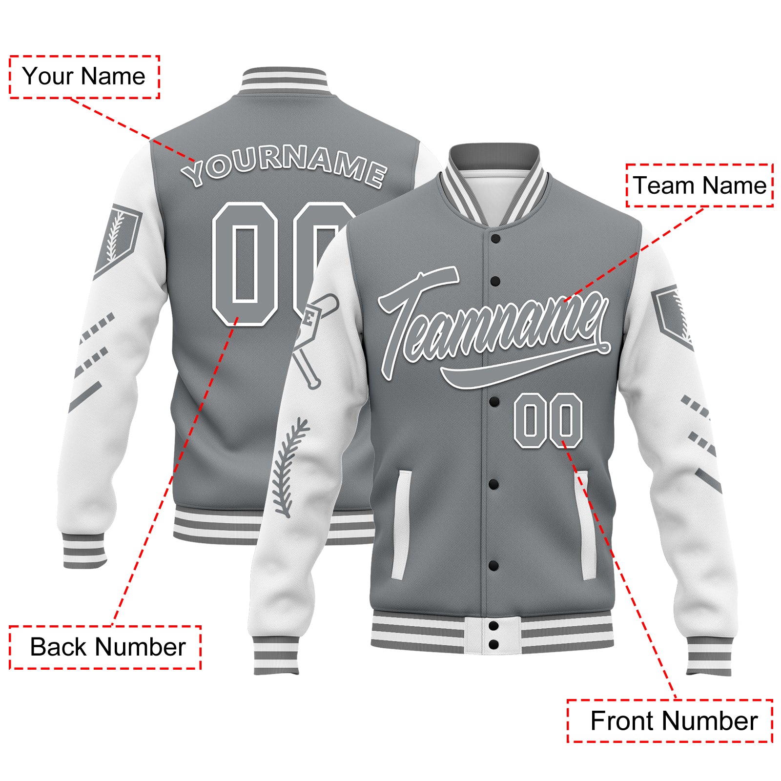 Custom Gray & White Raglan Sleeves Bomber Jacket - Personalized Varsity Letterman Jacket with Full Snap Closure (FZ005 D023002) - Perfect for School Sports, Team Events & Casual Streetwear Fashion
