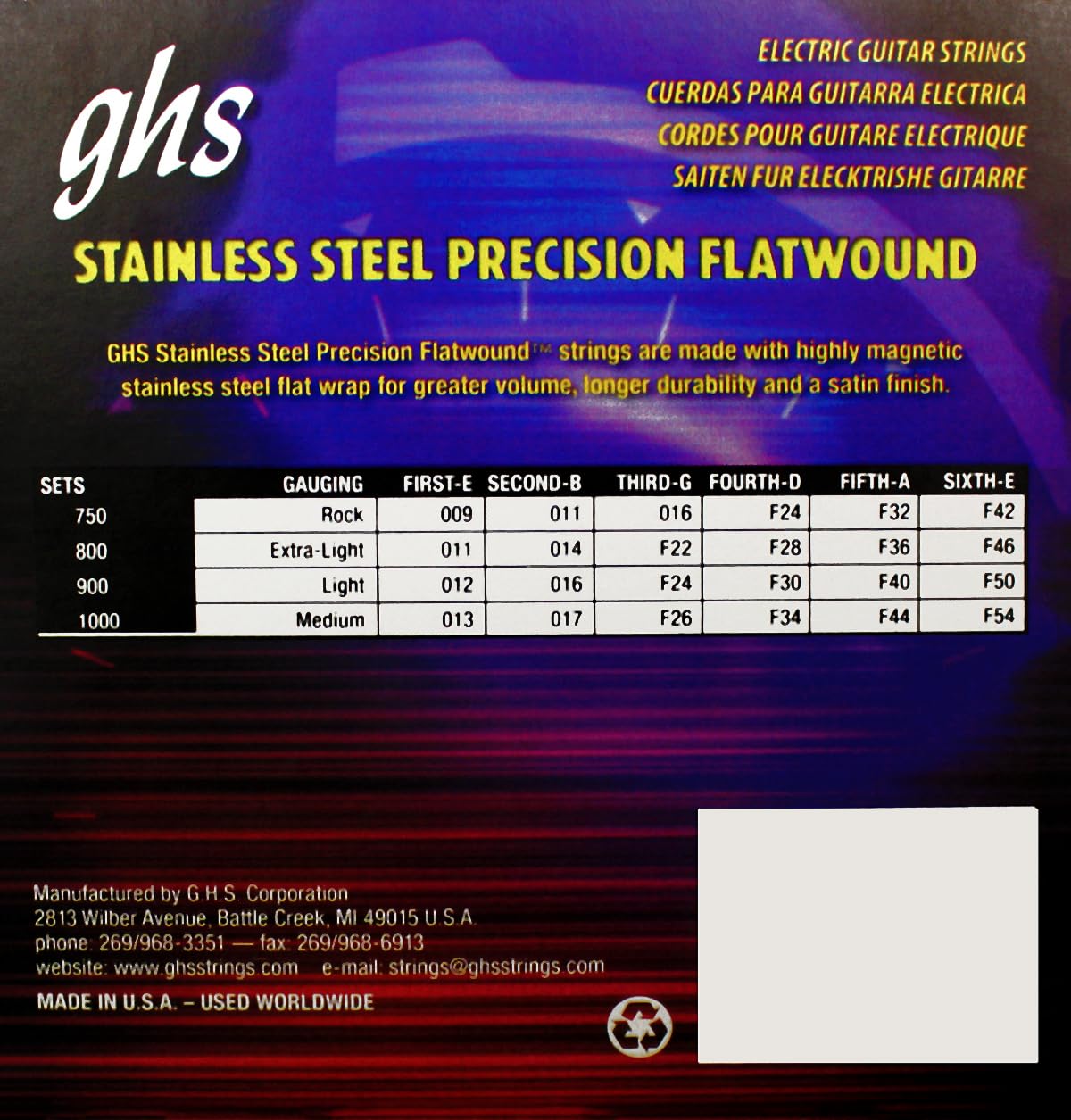 GHS Strings Precision Flats Stainless Steel Flat Wound Electric Guitar Strings Light Gauge (12-50) - Model 900 SET - Perfect for Jazz, Blues & Studio Recording