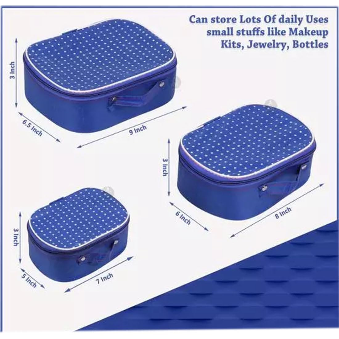 AYUSHMAN ENTERPRISE Women's Makeup Organizer Set - 3-Piece Vanity Storage Box for Jewelry, Bindi & Shaving Accessories | Blue Cardboard & Raxin Design | Perfect for Bedroom, Bathroom & Travel Organization