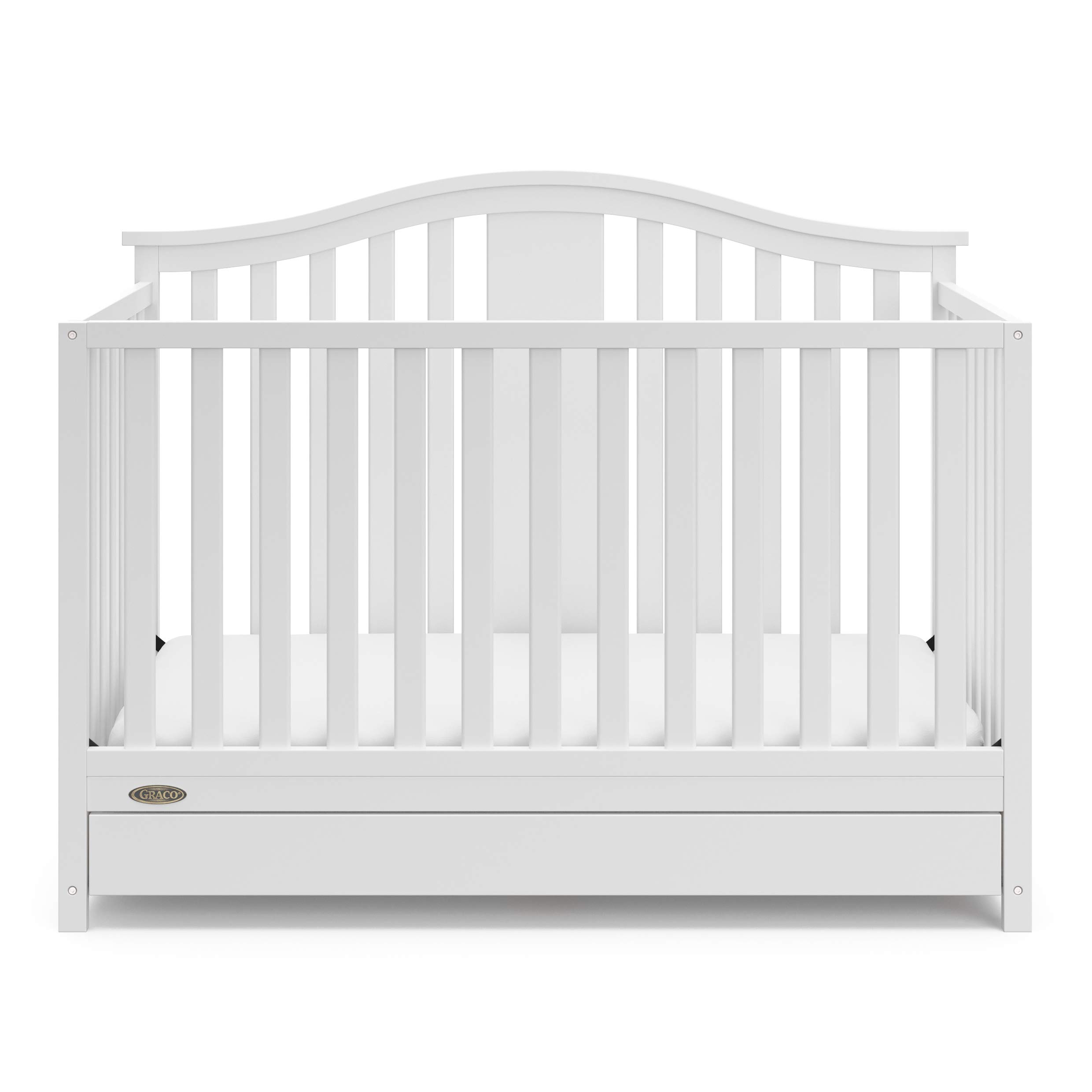 Graco Solano 4-in-1 Convertible Crib with Storage Drawer - GREENGUARD Gold Certified, White Nursery Furniture Converts to Toddler & Full-Size Bed | Safe Baby Crib for Nursery, Bedroom & Daycare Use