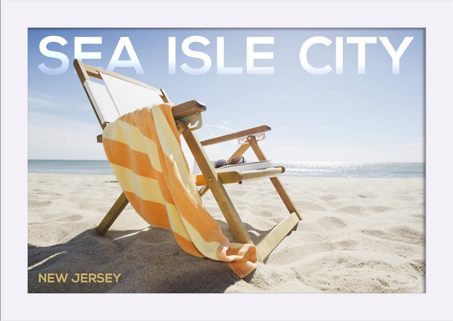 Sea Isle City New Jersey Folding Beach Chair - 12x18 Giclee Fine Art Print with Recycled Wood Frame in White - Perfect for Coastal Home Decor & Beach House Wall Art