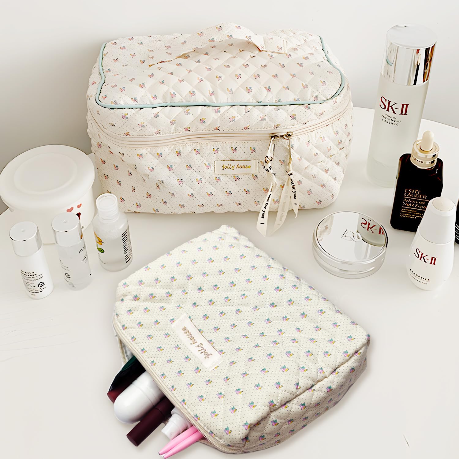 GEMLORD 3-Piece Preppy Patch Makeup Bags Set - Small Chenille Letter Cosmetic Pouches, Waterproof PU Leather Zipper Toiletry Bags for Women & Teen Girls (White, Blue, Pink) | Perfect for Travel, Gym, School & Gift Giving