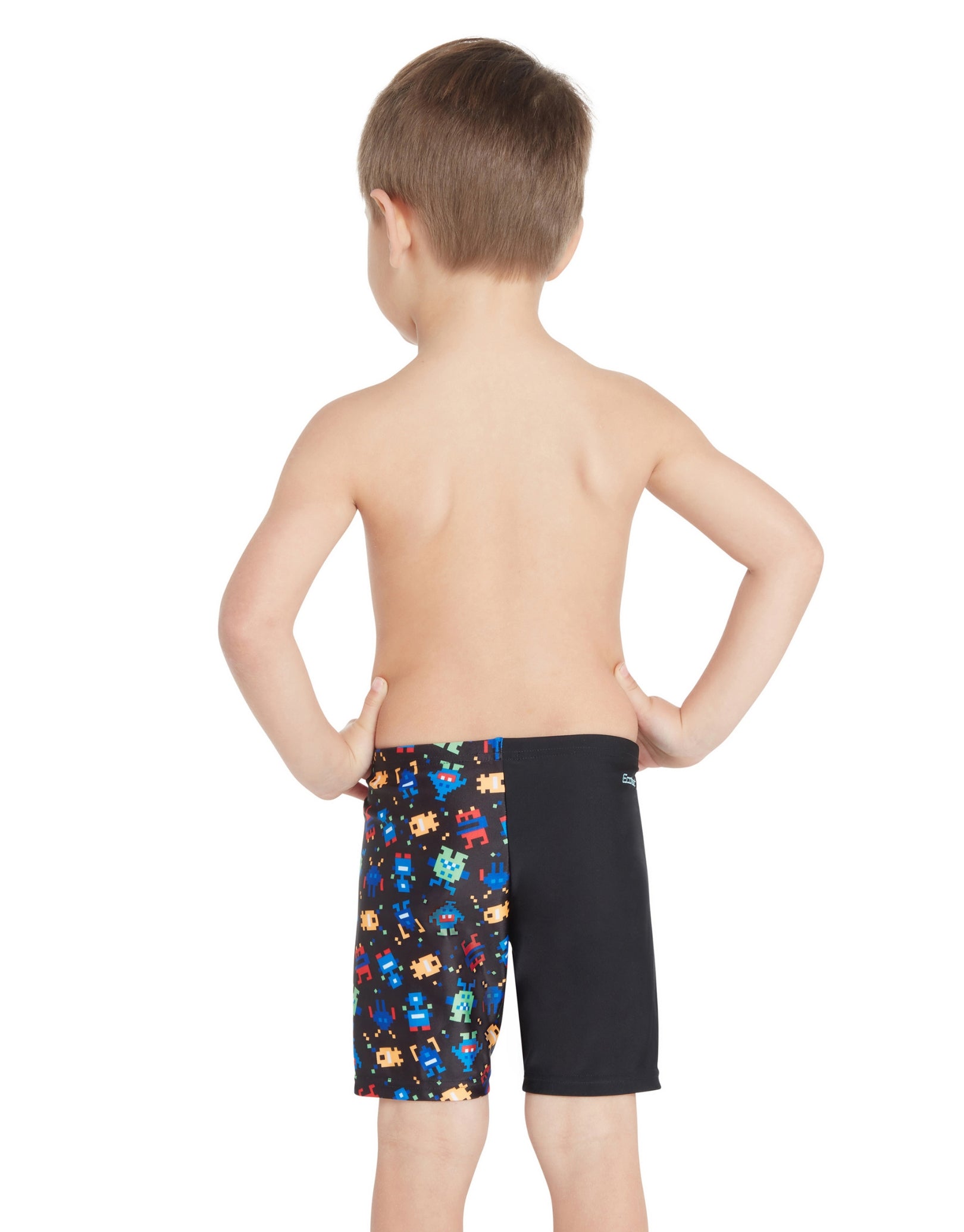 Boys Pixel Monsters Mid Swim Jammer - Black & Multi Color Swim Trunks for Kids | Perfect for Pool, Beach & Summer Water Activities