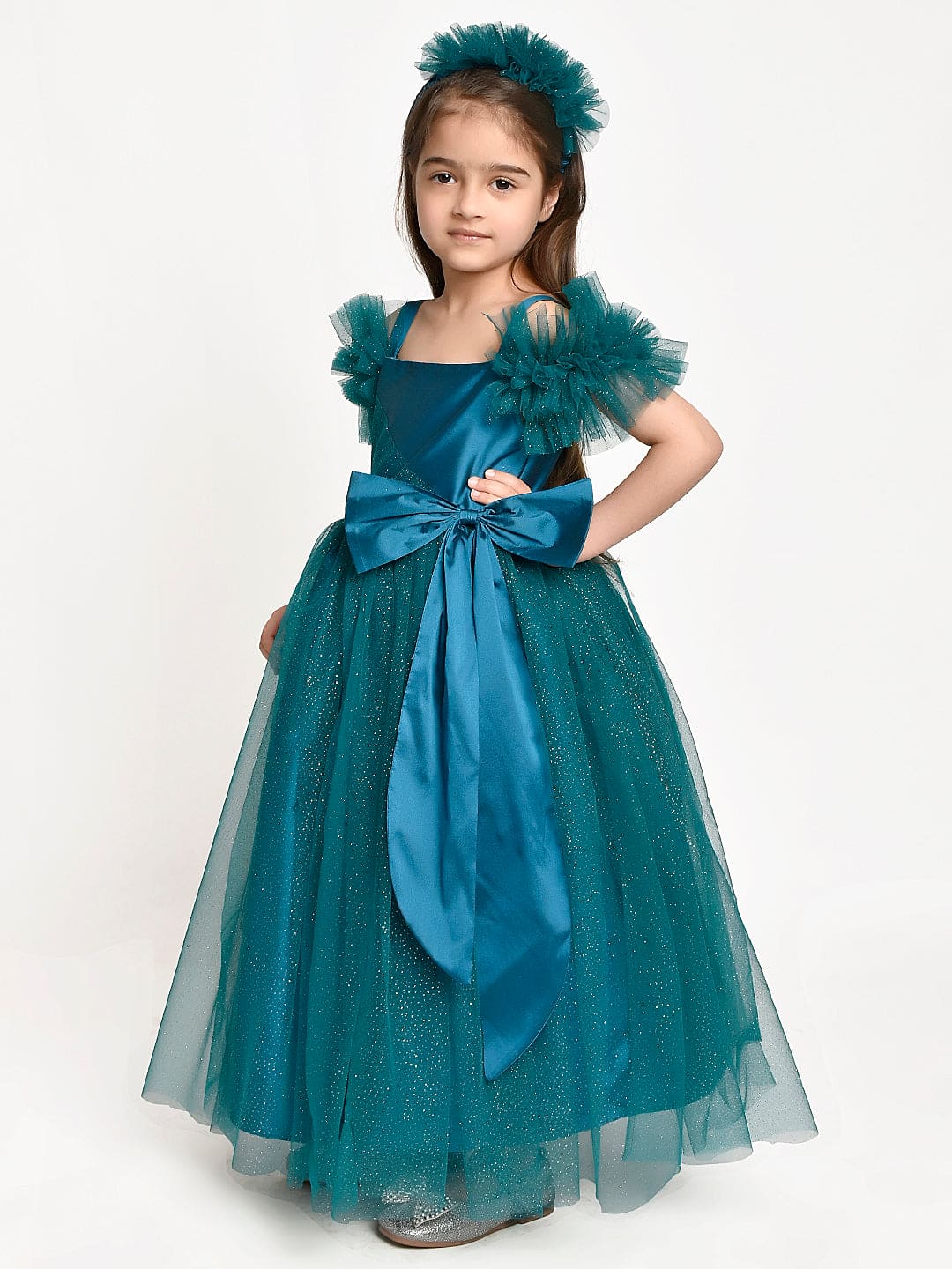 Elegant Green Sparkle Bow Gown with Matching Hair Band - Perfect for Prom, Pageants & Special Occasions