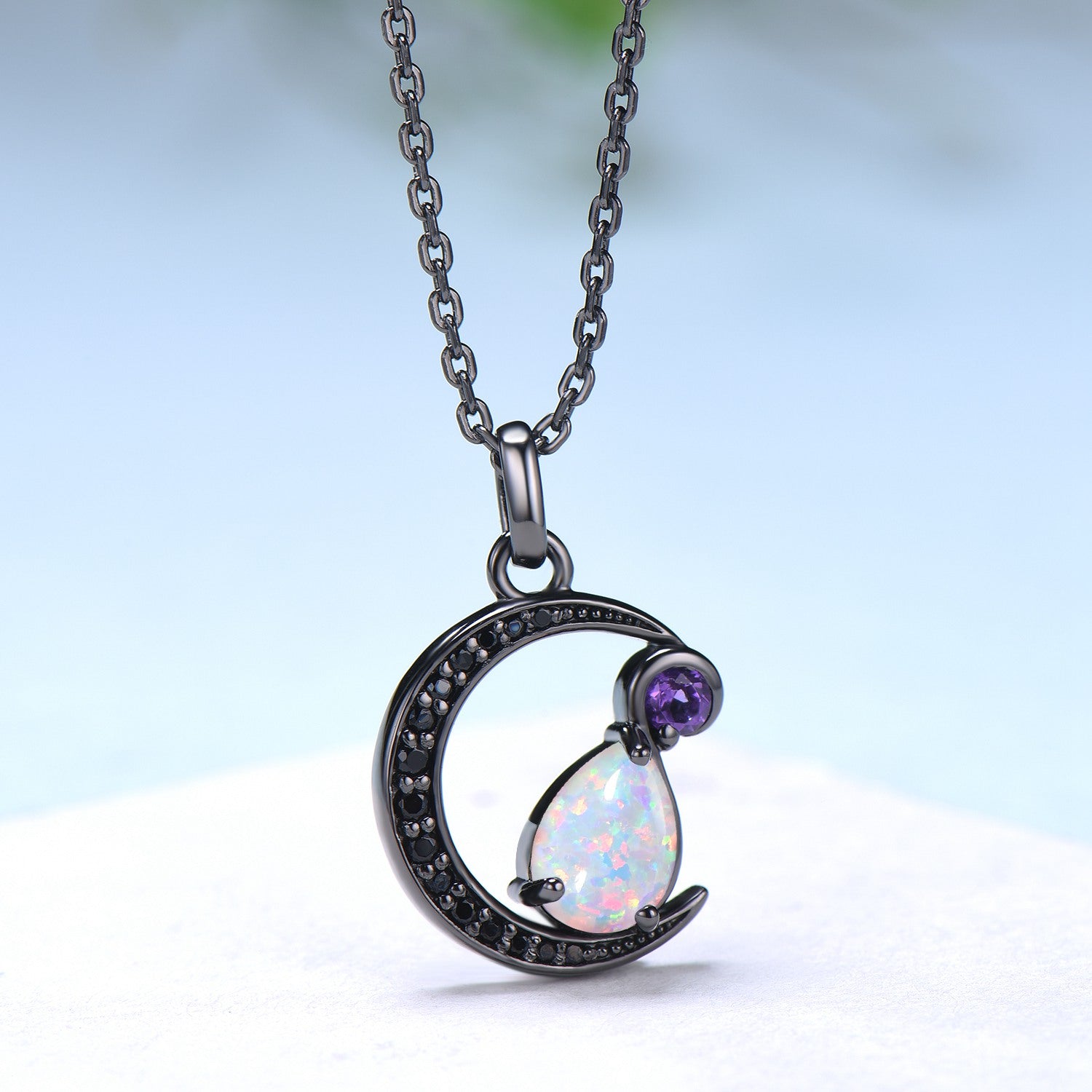 Magic Crescent Moon Black Gold Opal Amethyst Gothic Pendant Necklace - Unique Pear Shaped Fire White Opal Black Spinel Jewelry for Women | Perfect for Halloween, Gothic Fashion, Witchy Aesthetic & Boho Chic Outfits