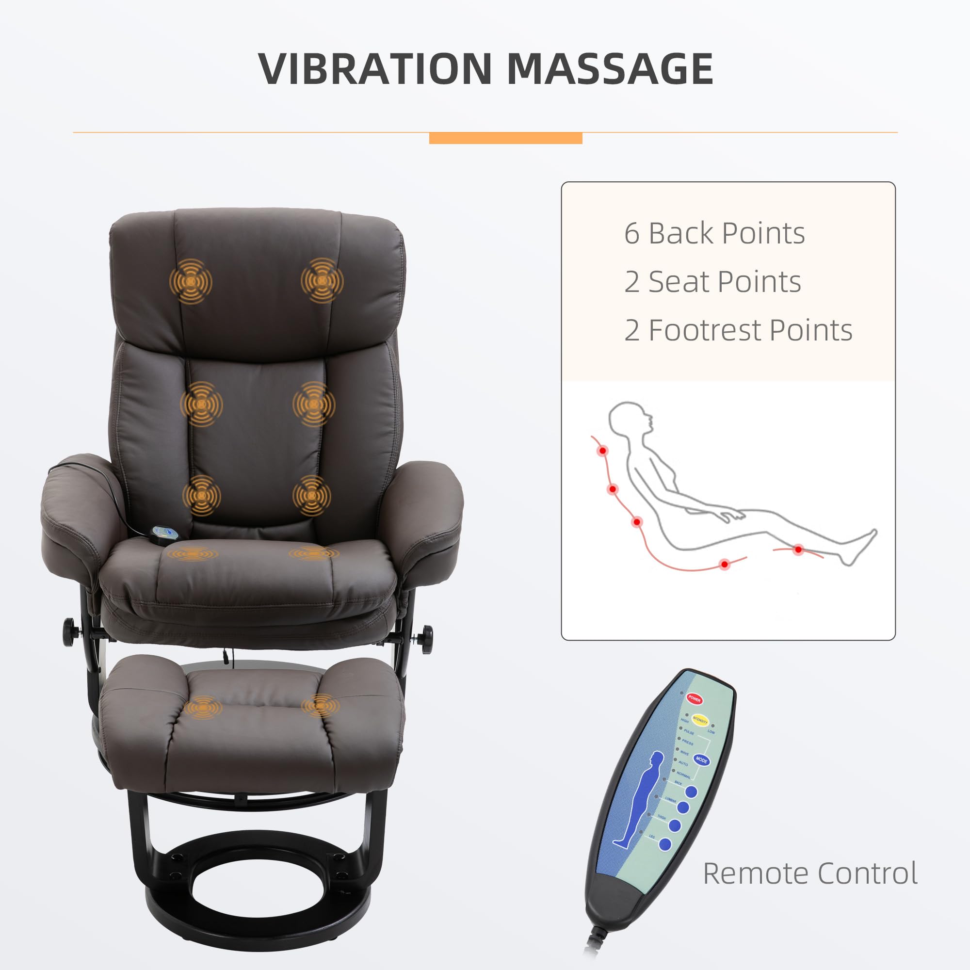Premium HOMCOM PU Leather Massage Recliner Chair with Ottoman - 10-Point Vibration, 360° Swivel & Adjustable Armchair in Brown | Perfect for Living Room, Home Theater & Relaxation