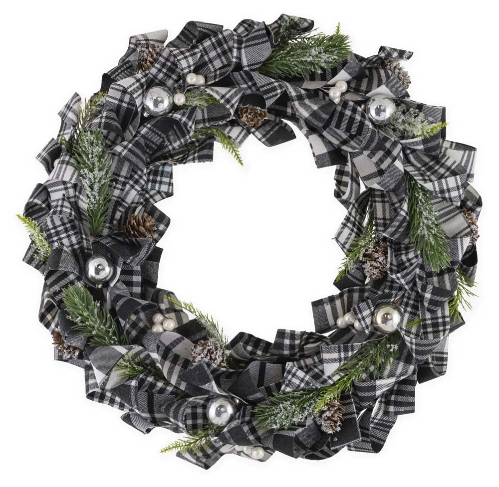 16-Inch Black & White Buffalo Plaid Winter Wreath for Front Door & Wall Decor | Boston International Holiday Decoration | Perfect for Christmas, Winter Home & Office Decor