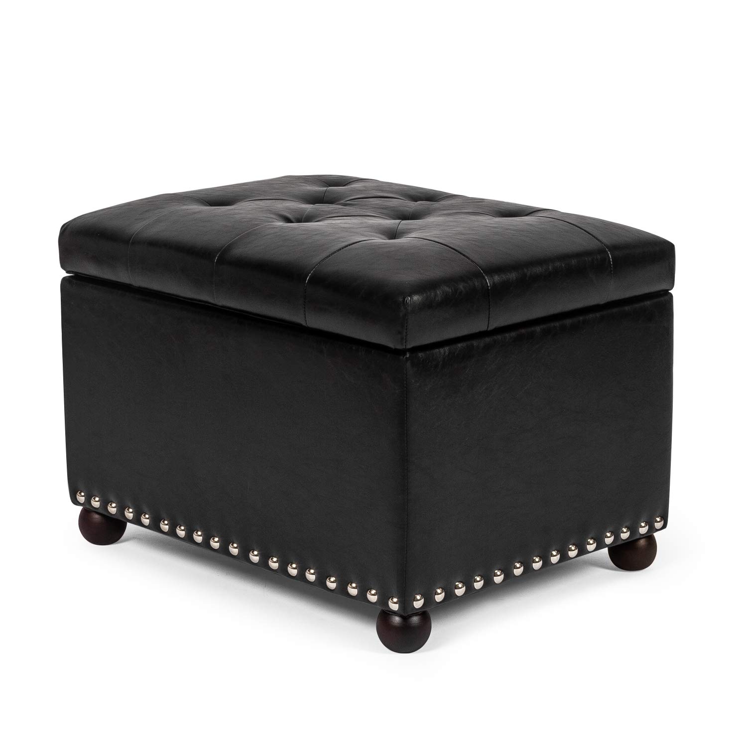 Black Rectangular Faux Leather Storage Ottoman with Nailhead Trim & Sturdy Wood Frame - Footrest, Coffee Table & Hidden Storage for Living Room, Bedroom or Office