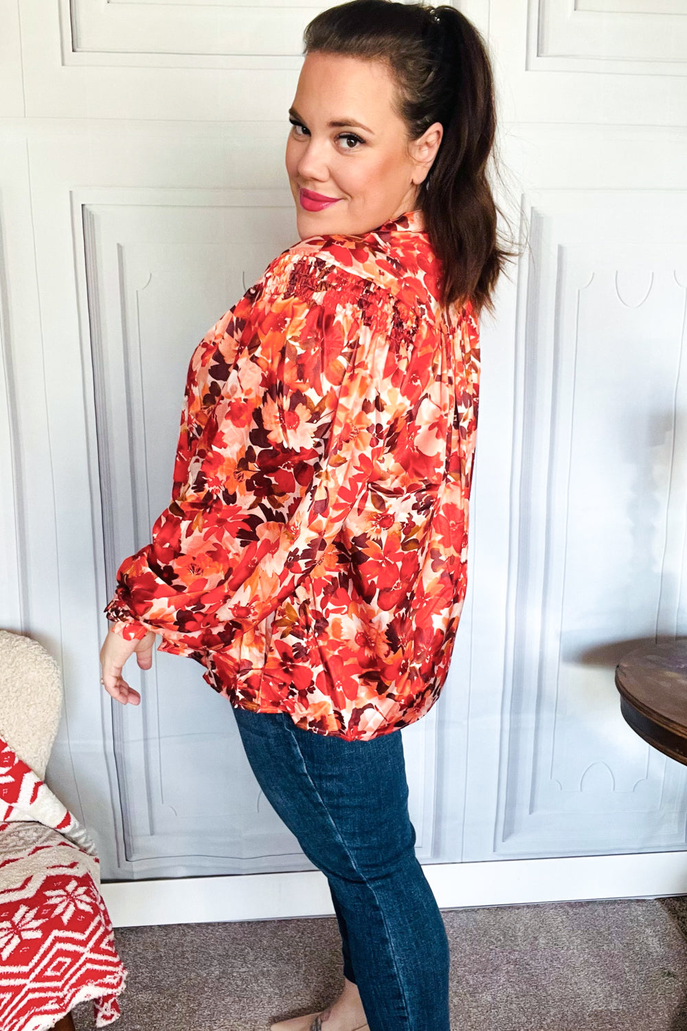 Fall Vibes Rust Floral Print Notched Neck Smocked Satin Blouse - Elegant Women's Tops for Autumn Outfits, Date Nights & Office Wear