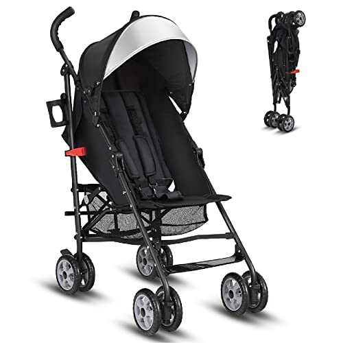 **HONEY JOY Lightweight Baby Stroller - Compact Travel Stroller for Airplane, Adjustable Backrest & Canopy, 5-Point Safety Harness, Cup Holder & Storage Basket - Foldable Umbrella Stroller for Toddlers (Black) - Perfect for Travel, Shopping & Daily Walks**