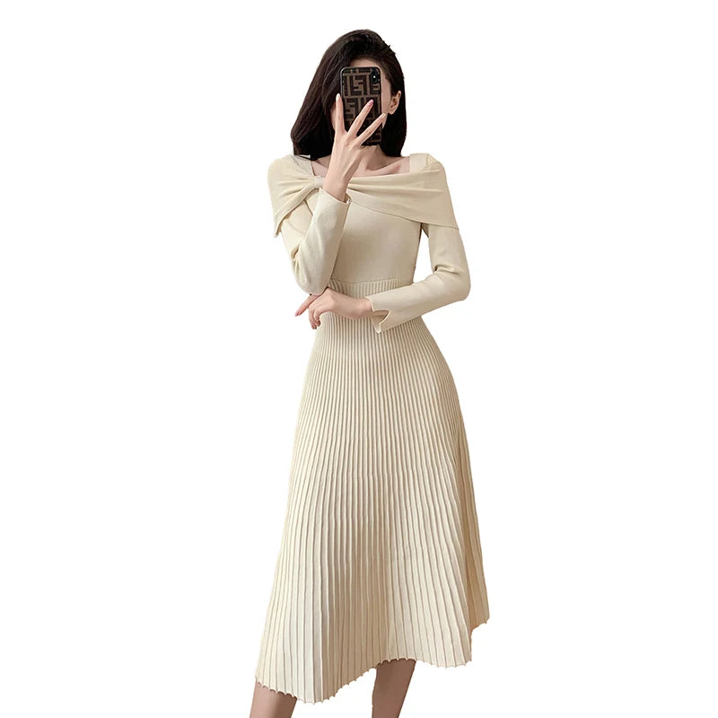 Elegant Black Long Sleeve Knit Dress for Women - Autumn Beige Bow French Fashion Slim Casual Midi Dress - Perfect for Party, Office Wear and Fall Outfits