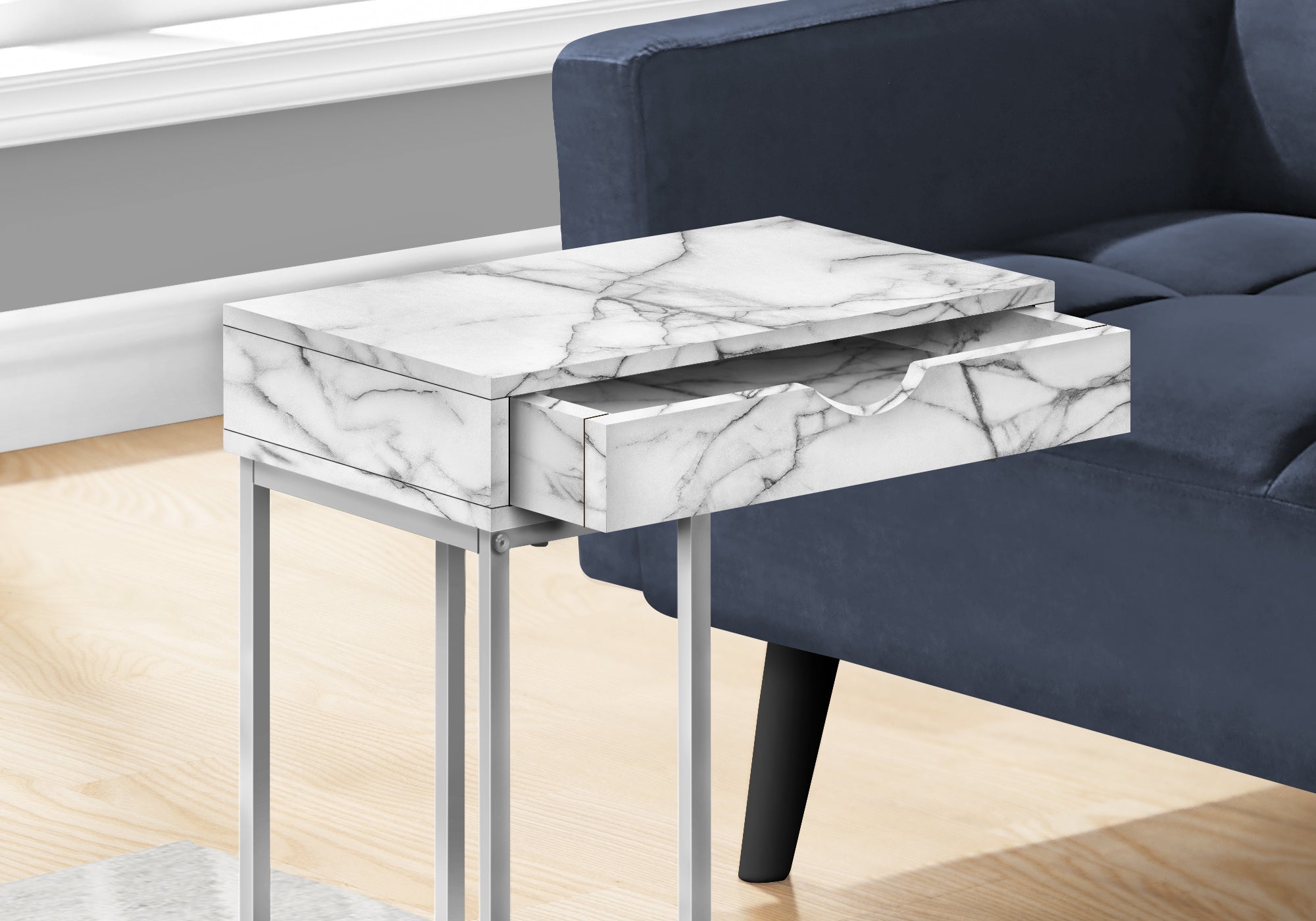 Modern Accent Table - 25 Inch Height, White Marble Top with Silver Metal Base - Perfect for Living Room, Bedroom, or Entryway Decor
