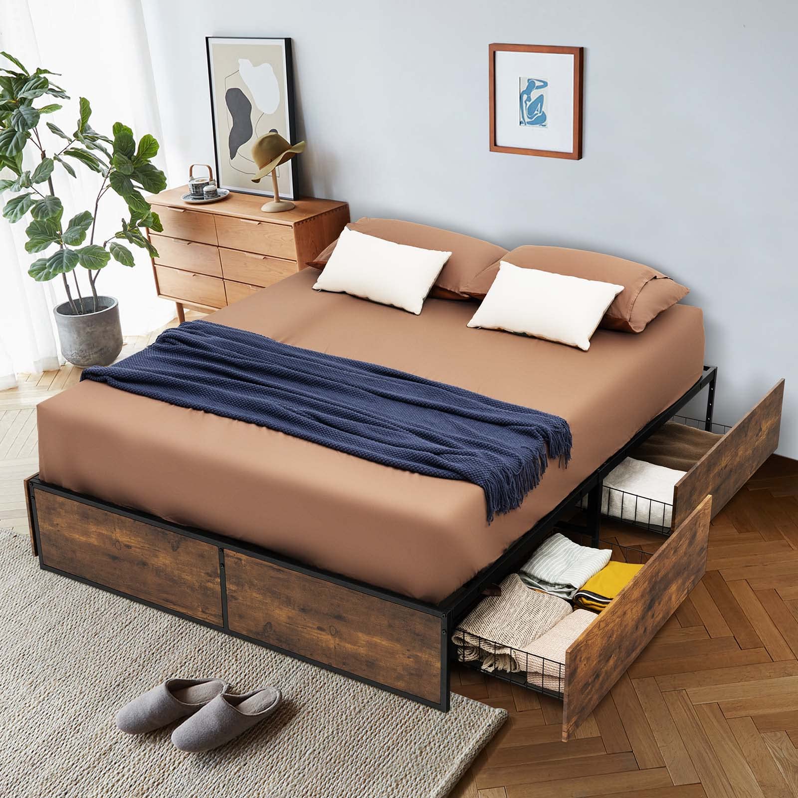 Giantex Queen Metal Bed Frame with 4 Storage Drawers & Wooden Footboard - Heavy Duty Platform Bed Base with Headboard Holes, No Box Spring Needed - Easy Assembly Rustic Brown Bed Frame for Master Bedroom, Guest Room or Dorm