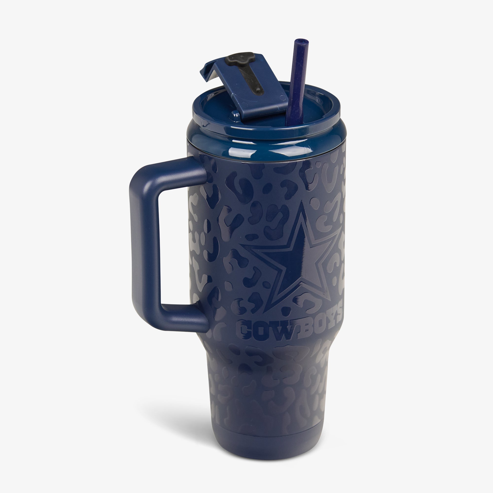 Dallas Cowboys 32 Oz Leopard Print Flip Top Travel Mug with Straw - Insulated Stainless Steel Tumbler for Coffee, Tea & Cold Drinks - Perfect for Game Day, Office & Outdoor Adventures