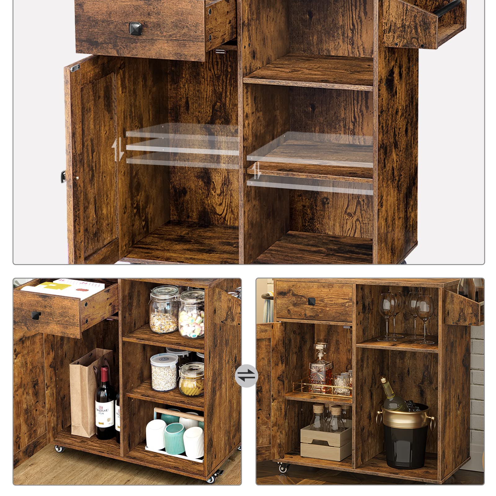 HOOBRO Rustic Brown Kitchen Island with Storage Cabinet, Drawers, Spice & Towel Rack - Space Saving Kitchen Cart for Small Spaces, Easy Assembly - Perfect for Kitchen Organization & Living Room Decor