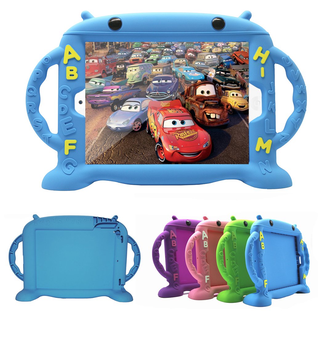 CHINFAI Shockproof Silicone iPad Case for Kids - Cute Cartoon Protective Cover with Stand & Side Handles | Compatible with iPad Pro 9.7/Air 1 2 (2017-2018 Models) | BPA Free | Perfect for School, Travel & Home Use (Blue)