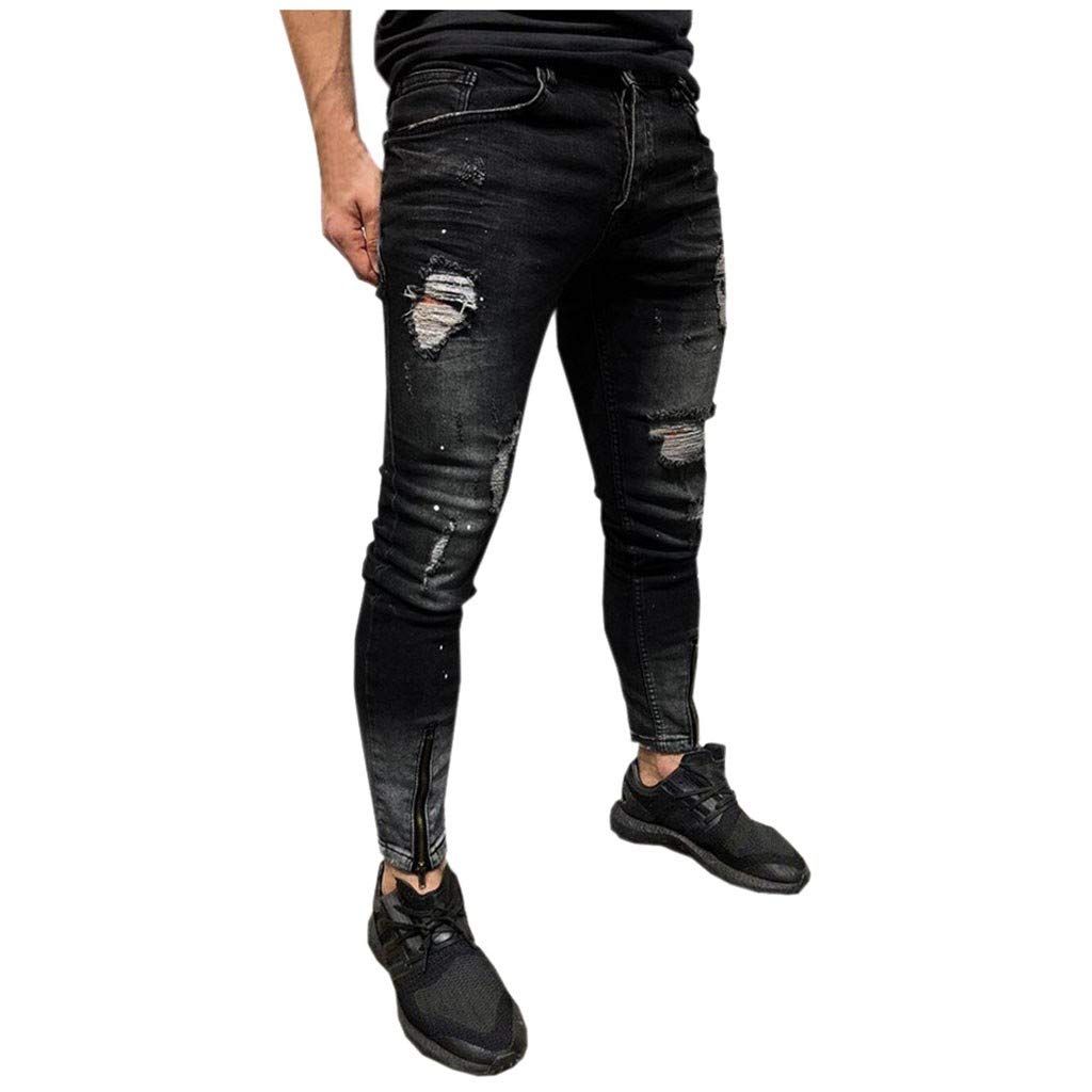 Men's Vintage Wash Striped Zipper Denim Jeans - Distressed Work Pants with Utility Pockets for Hip Hop Style & Rugged Outdoor Workwear