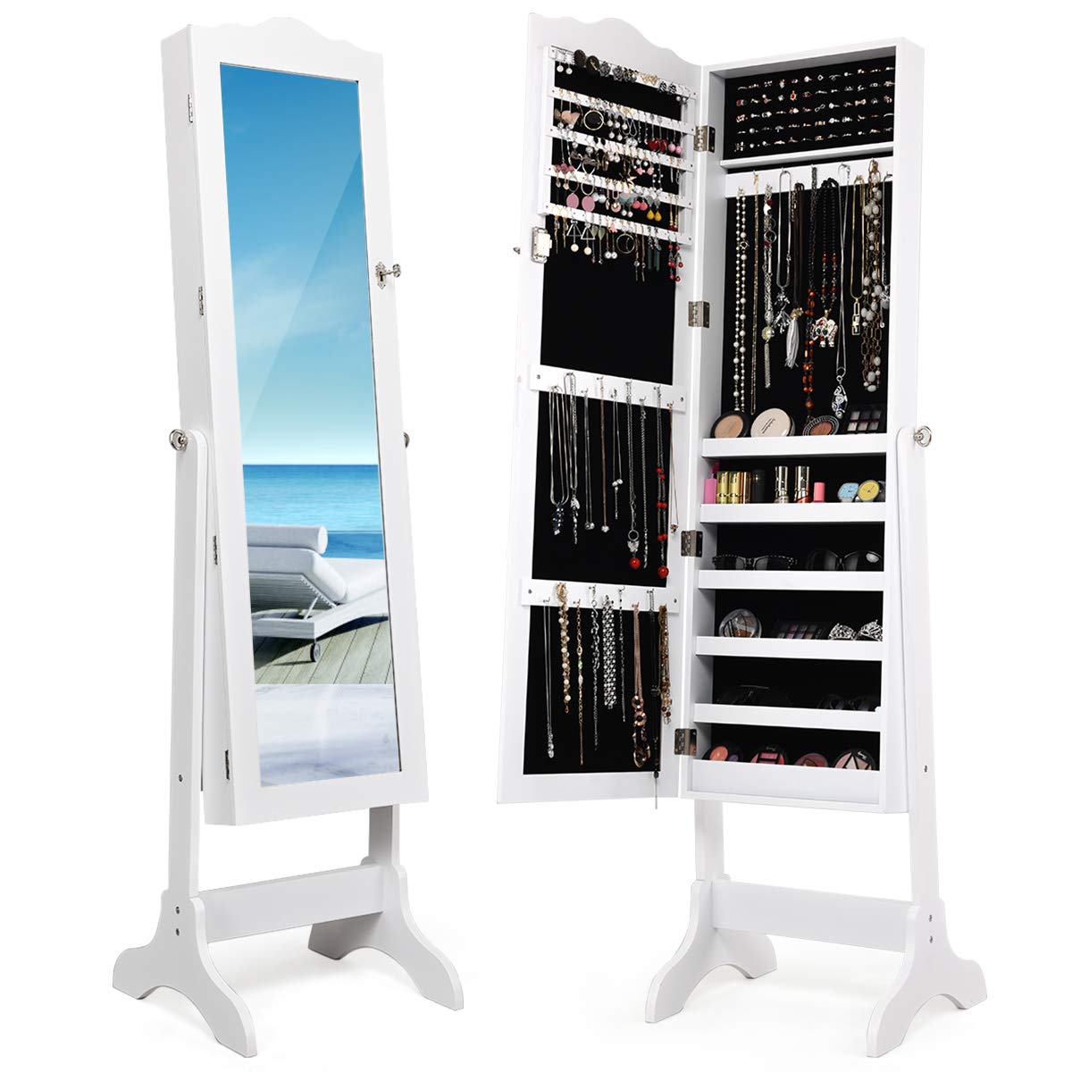 Giantex Lockable Jewelry Armoire Cabinet with Full Length Mirror - 3 Adjustable Angles, Jewelry Organizer Storage Box for Necklaces, Rings & Accessories - Perfect for Bedroom, Dressing Room & Gift (White)