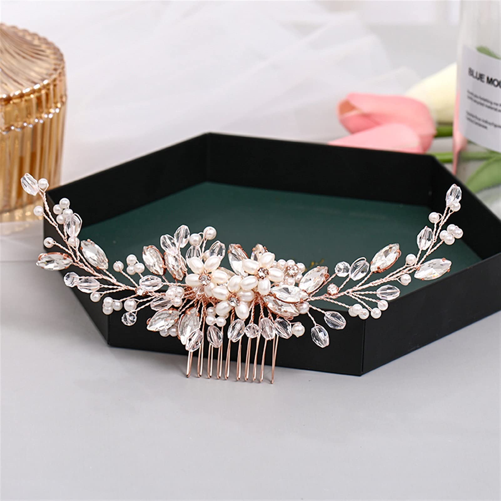 Elegant Rose Gold Wedding Hair Comb with Pearl & Rhinestone - Handmade Bridal Tiara Headdress for Bride, Prom, and Special Occasions | Perfect for Weddings, Parties, and Formal Events