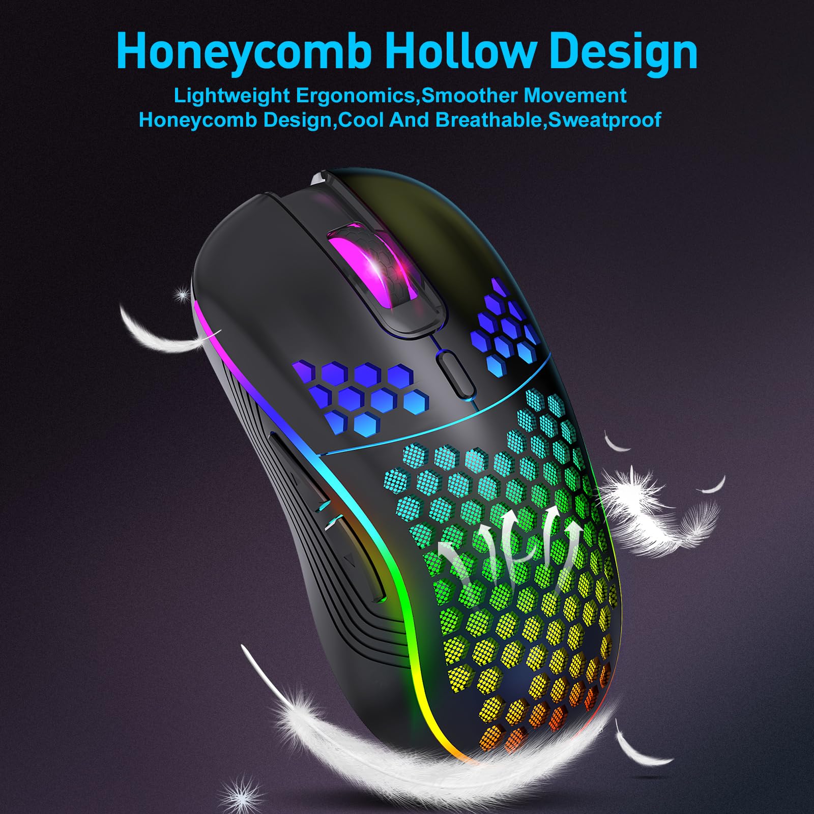 Wireless Gaming Mouse - Rechargeable Ergonomic Honeycomb Design with RGB Backlight, 7 Programmable Buttons, Adjustable DPI (1600-10000), USB Receiver for PC, Mac, Laptop - Perfect for FPS, MOBA Games & Office Work