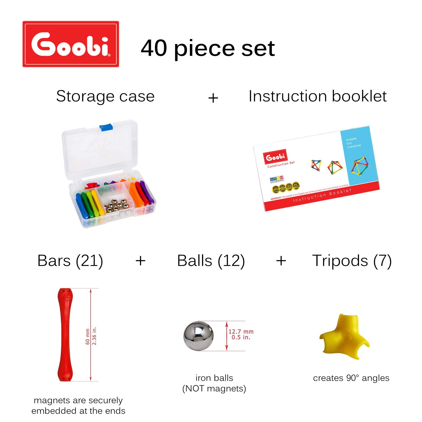 Goobi Magnetic Building Blocks - 40 Piece STEM Educational Construction Toy Set for Kids Ages 3-8 | Montessori Learning, Creative Play & Brain Development | Perfect for Classroom, Home & Travel Activities