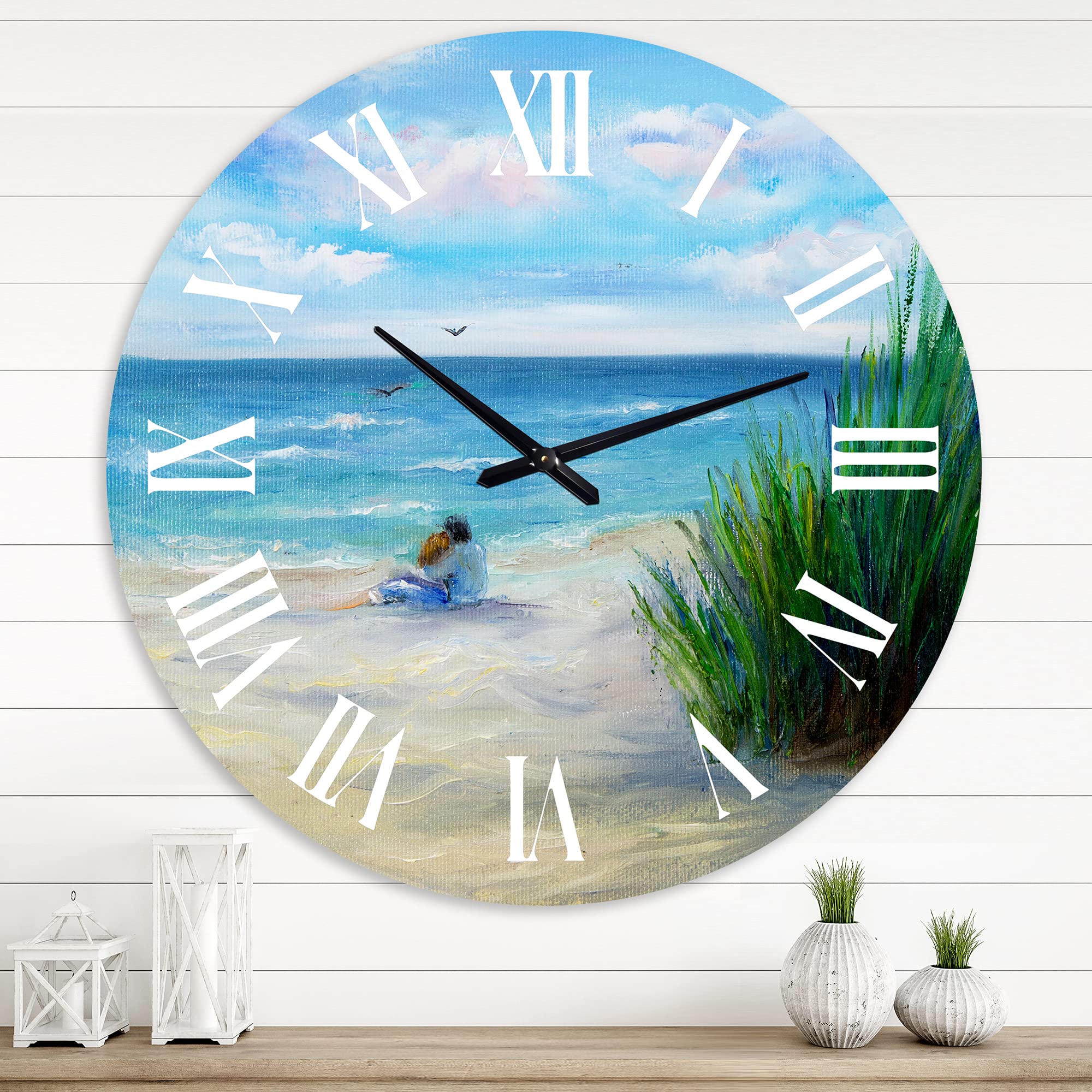 DesignQ Nautical Coastal Wall Clock - Romantic 'Couple in Love by The Beach' Blue Round Clock for Kitchen, Living Room, Bedroom & Office Decor | Perfect for Beach House, Coastal & Home Décor