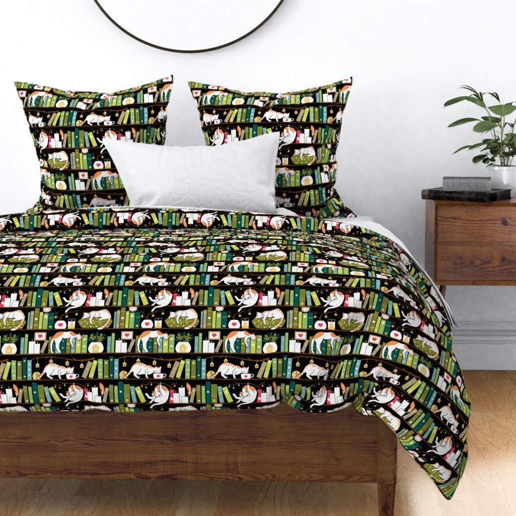 Premium Spoonflower Cotton Sateen Duvet Cover - Full/Queen Size | Library Cats & Bookshelf Print | Hygge Home Decor for Pet Lovers | Cozy Bedroom Upgrade for Bookworms & Cat Enthusiasts