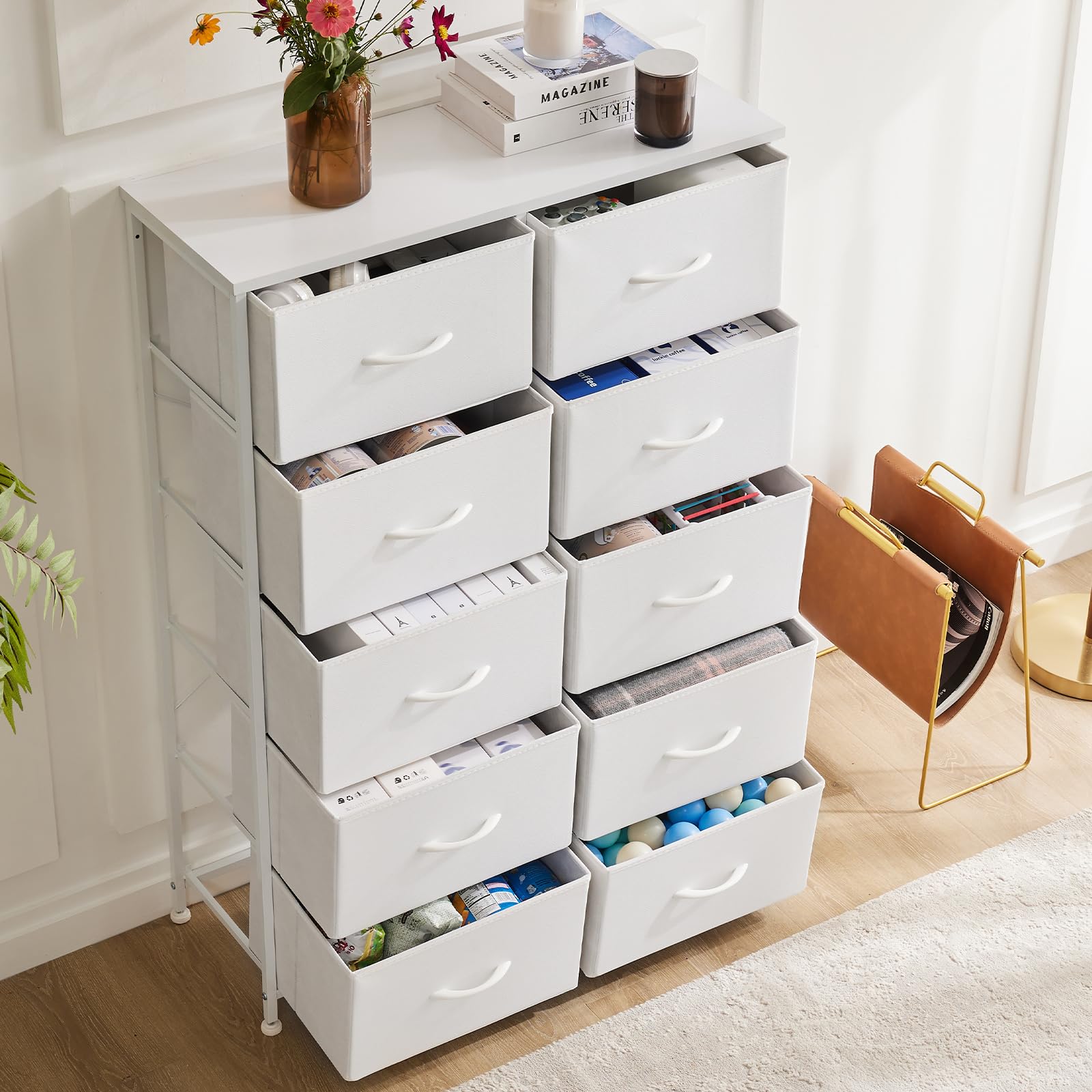 DUMOS 10-Drawer Dresser with Fabric Bins & Sturdy Metal Frame - Wood Tabletop Storage Tower for Bedroom, Kids Room, Closet, Nursery, Entryway - Grey & White | Perfect for Organizing Clothes, Toys, and Home Essentials