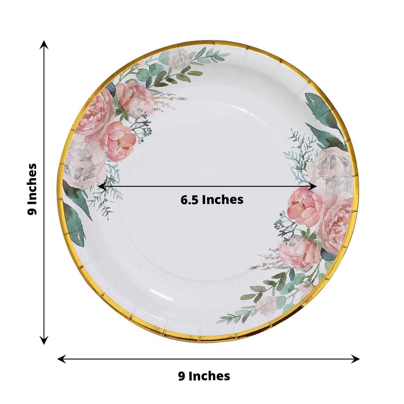 25 White Round Disposable Paper Plates with Elegant Floral Design & Gold Trim - Perfect for Weddings, Parties, and Special Occasions
