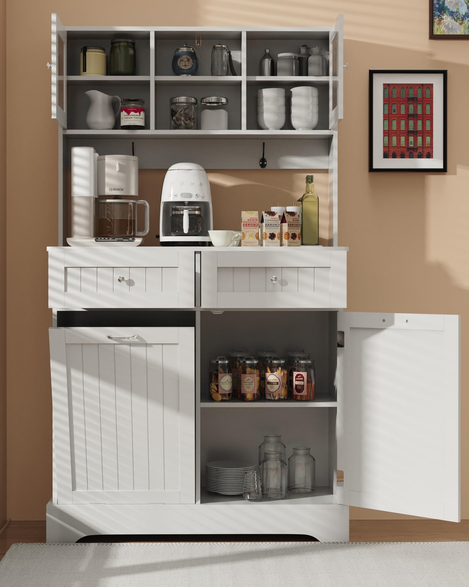 White Tilt-Out Trash Cabinet - Solid Wood Hideaway Trash Can with 2 Drawers, Freestanding Storage Cabinet for Kitchen Recycling & Waste Disposal - Perfect for Small Spaces & Home Organization