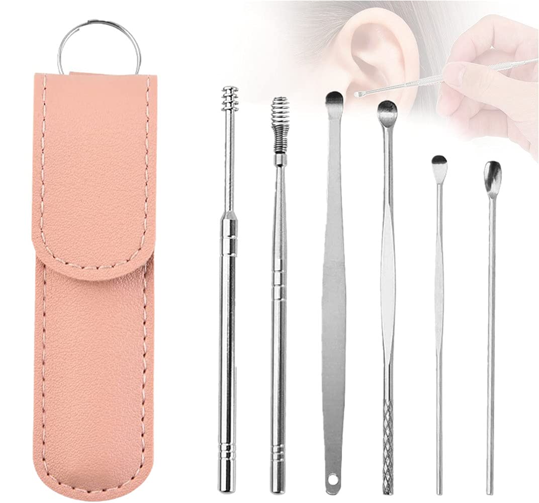 6PCS Stainless Steel Ear Wax Cleaner Tool Set - Safe & Hygienic Ear Pick Removal Kit for Men & Women - Unisex Ear Curette Cleaner for Gentle Earwax Removal (Pink) | Perfect for Home Use, Travel & Personal Hygiene Care