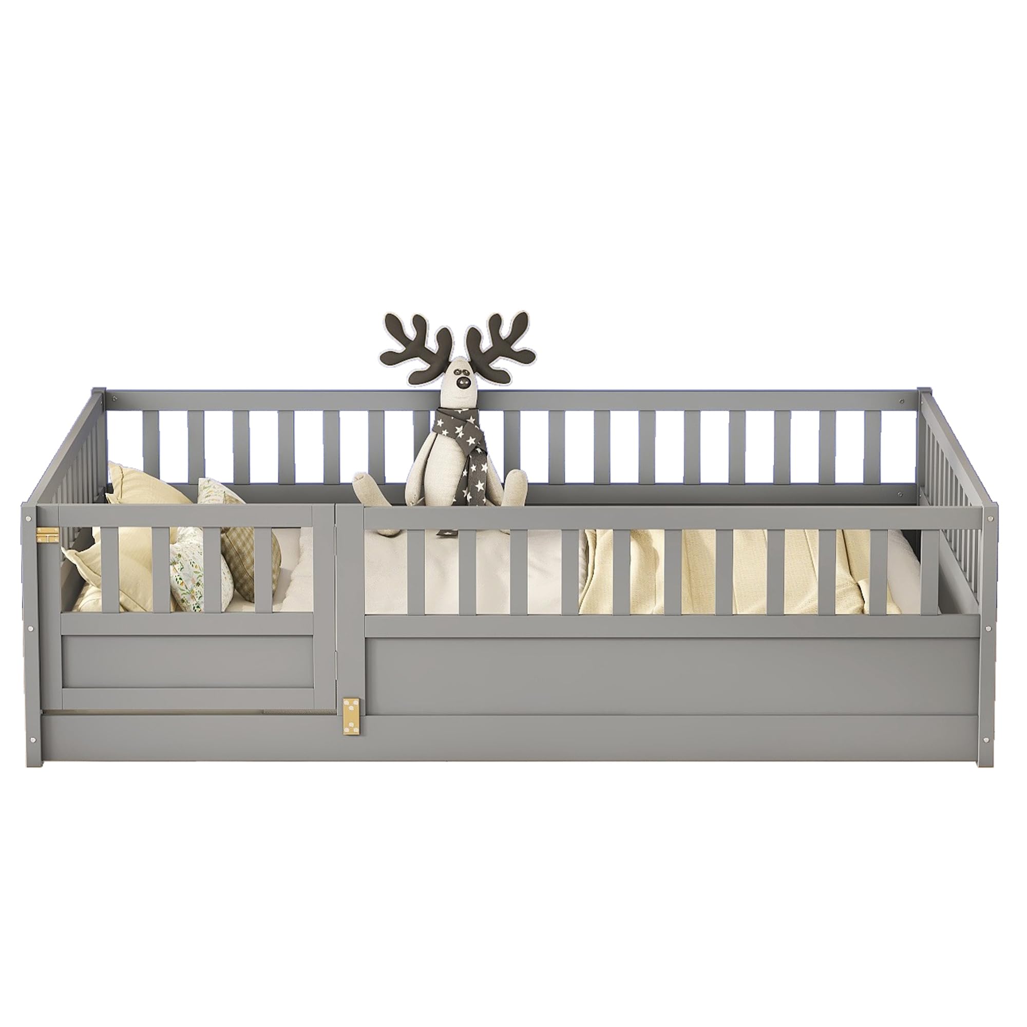Montessori Wood Floor Bed for Kids - Full Size with High Safety Rails & Door Design, Grey - No Bed Slats Needed - Perfect for Toddler Rooms, Daycare Centers & Montessori Classrooms