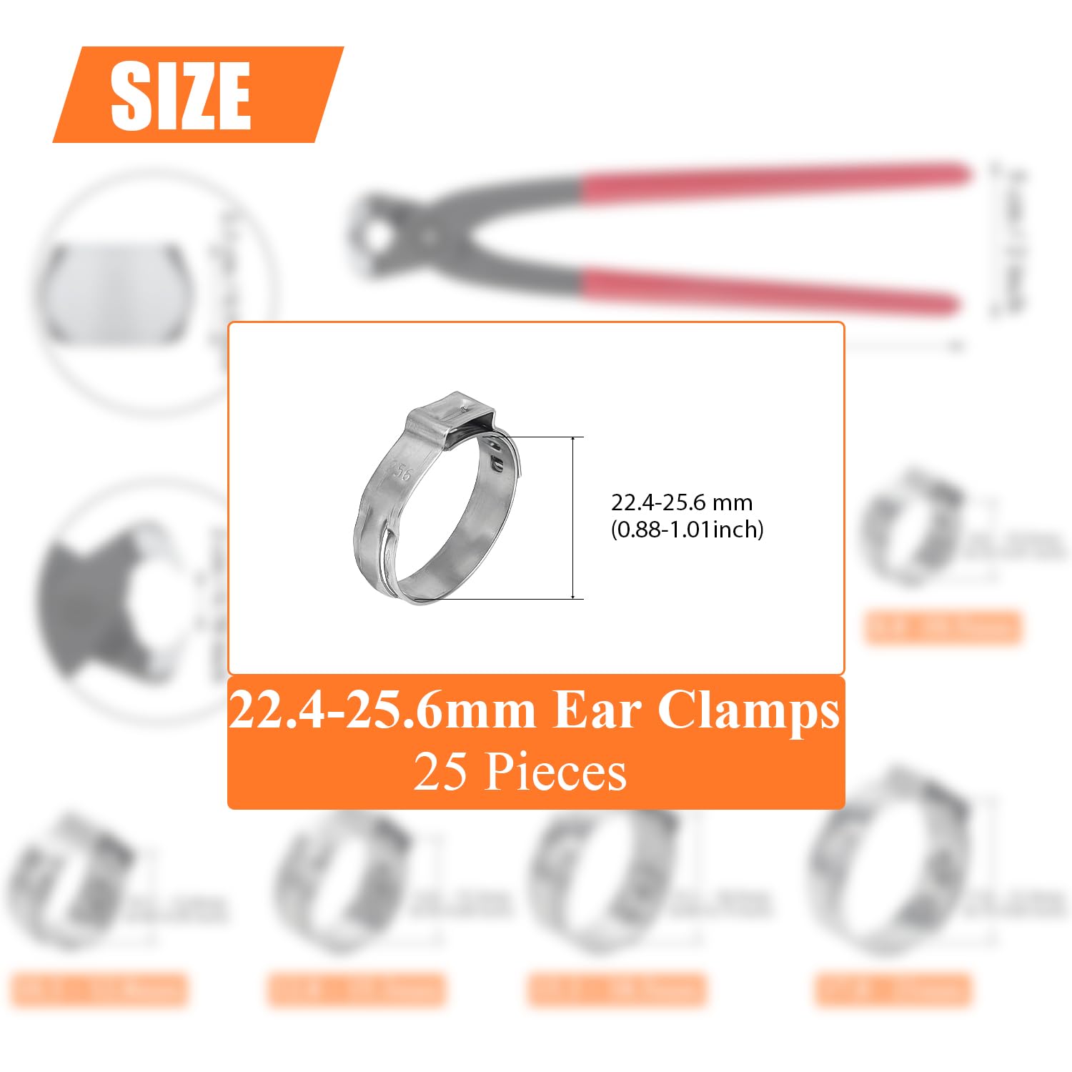 25 Pieces 22.4-25.6mm 304 Stainless Steel Single Ear Hose Clamps - Heavy Duty Pipe Clamps for Automotive, Marine & Plumbing Use